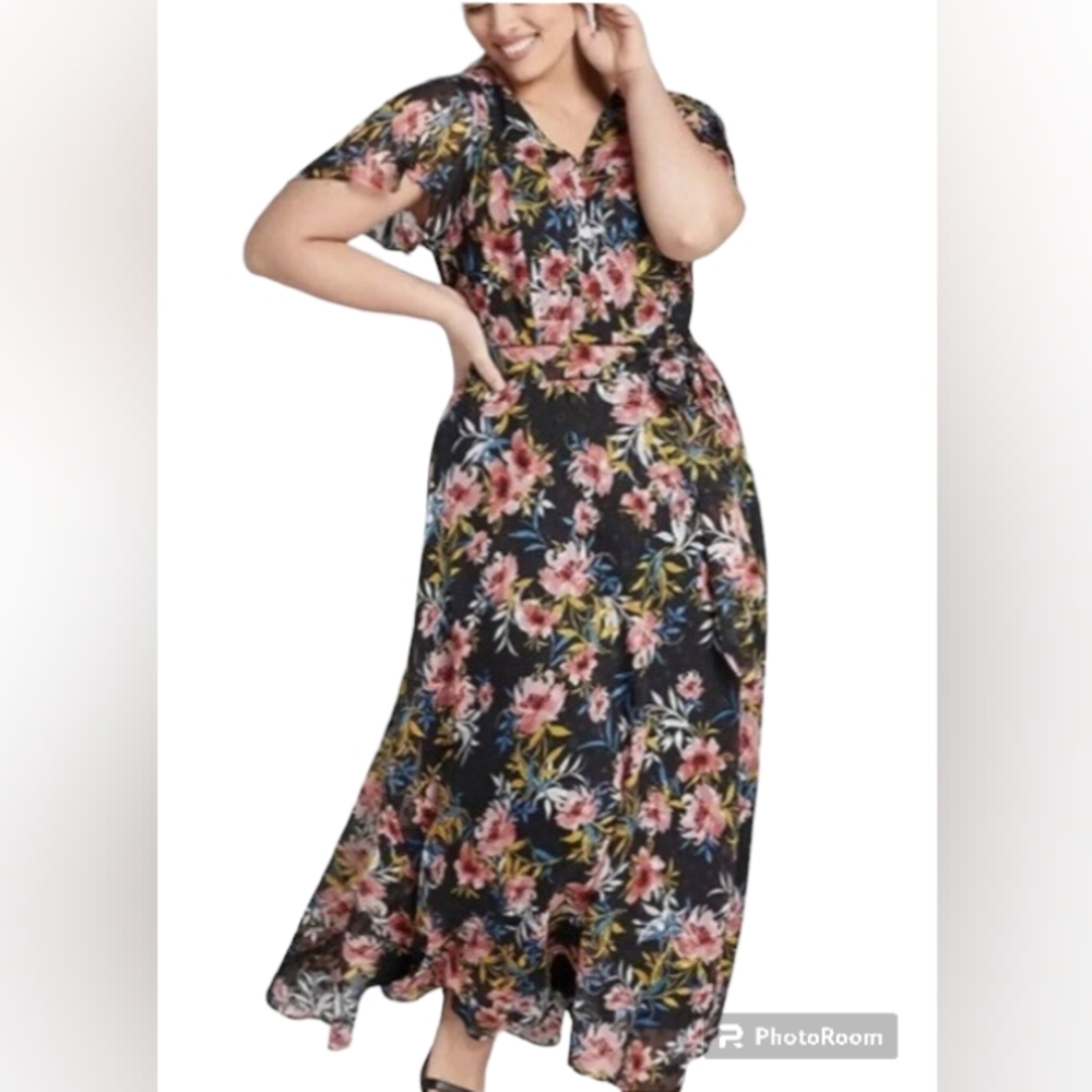 Lane Bryant Size 26 Textured Maxi Dress Black Multicolor Floral Print
